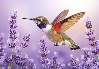Fototapeta premium Colorful hummingbird in mid-flight hovering near blooming lavender flowers with a soft pastel background showcasing nature's beauty and vibrancy