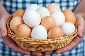 A farmer holding a basket full of freshly collected eggs
