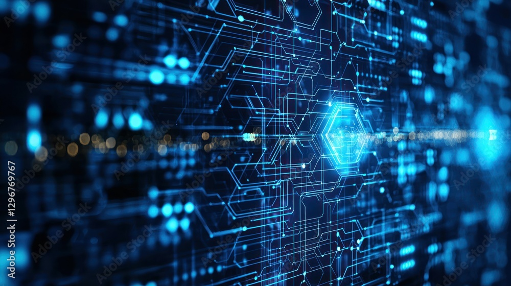 Poster A futuristic blue design featuring glowing lines and hexagonal patterns.