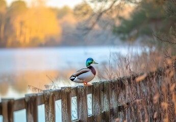 Colorful mallard duck perched on wooden fence by serene lake during golden hour with soft sunlight illuminating tranquil nature scene
