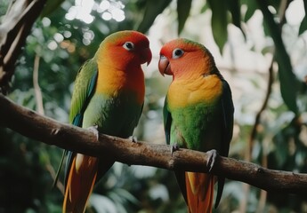 Obraz premium Colorful Pair of Birds Perched on a Branch Surrounded by Green Foliage in a Lush Tropical Environment