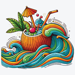 Fototapeta premium Cocktail in coconut shell on the wave background. Design element for poster, card, banner. stock illustration