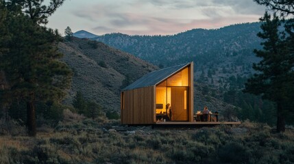 Cozy wooden cabin illuminated at dusk in mountainous landscape with trees and serene atmosphere