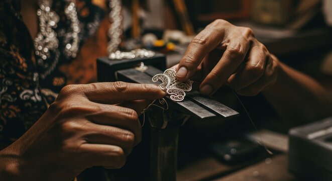 Silver Filigree Craftsmanship: A Close-Up of Skilled Hands