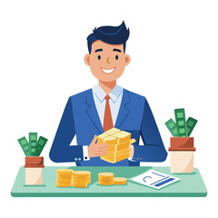 Businessman counts income. Business man sits at the table with wads of cash. Investor holds a lot of money, banknotes in hands. Financial success, wealth. give it on diffrent angel Flat isolated vecto