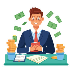 Businessman counts income. Business man sits at the table with wads of cash. Investor holds a lot of money, banknotes in hands. Financial success, wealth. give it on diffrent angel Flat isolated vecto
