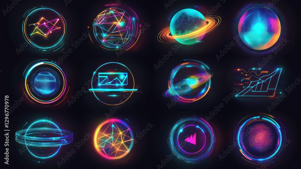 Poster a futuristic icon set with clean lines and gradients, embodying cutting-edge business concepts.