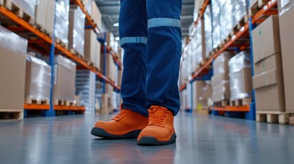 Fototapeta premium Bright Orange Safety Shoes Worn By Worker In Warehouse Aisle Surrounded By Stacked Boxes And Pallets