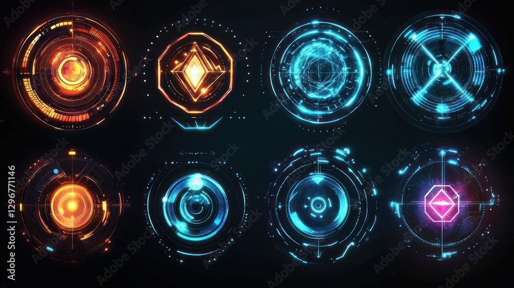 Poster A futuristic icon set with clean lines and gradients, embodying cutting-edge business concepts.