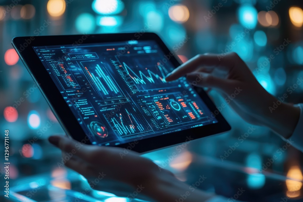 Leinwandbilder a person analyzes data displayed on a tablet, showcasing various charts and graphs.