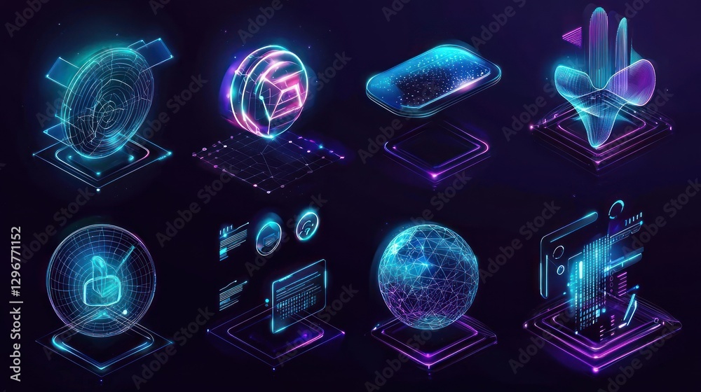 Aufkleber a futuristic icon set with clean lines and gradients, embodying cutting-edge business concepts.