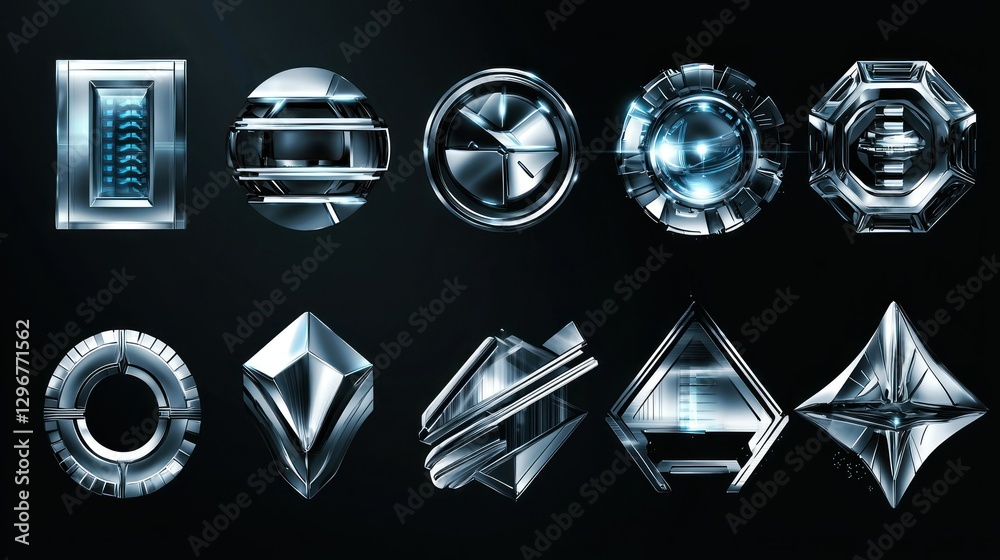 Poster a futuristic icon set with metallic tones and gradients, showcasing cutting-edge business concepts