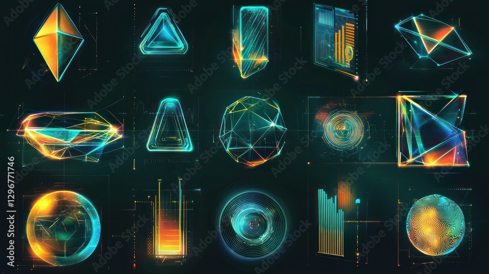 Poster a futuristic icon set with metallic tones and gradients, showcasing cutting-edge business concepts