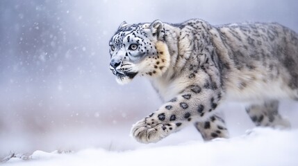 Obraz premium Snow leopard gracefully traverses snowy landscape, showcasing st