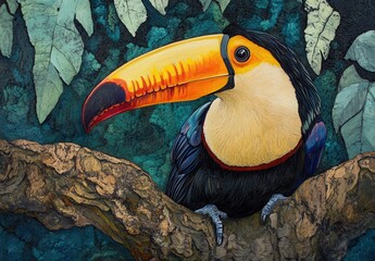 Obraz premium Colorful toucan perched on a tree branch surrounded by lush green leaves showcasing vibrant plumage and striking yellow orange bill in natural habitat