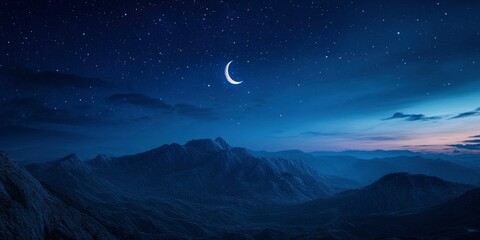 serene night sky with stars and the crescent moon over mountainous terrain, creating an atmosphere of tranquility for the Ramadan celebration.
