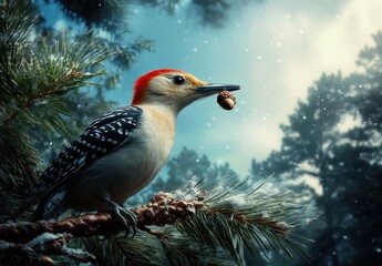 Obraz premium Colorful Woodpecker Holding Acorn in Natural Forest Setting with Snowy Background and Pine Branches in Tranquil Outdoor Scene