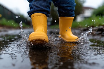 Vibrant yellow rain boots stomp through a waterlogged pathway, sending sprays of water in all directions, epitomizing childhood joy and connection with nature and outdoors.