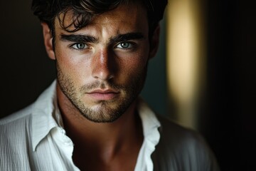 Obraz premium Close-up portrait of a handsome man with intense blue eyes, wearing a white shirt.