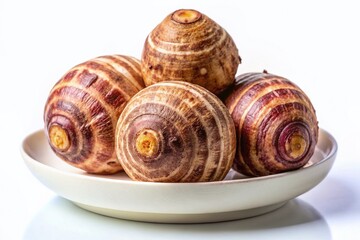 Rotating Whole Taro Corms: Close-up Macro Photography on White Background