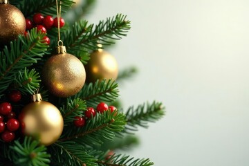 A fir branch adorned with golden ornaments, glass balls, and red berries, glass balls, fir branch, golden ornaments