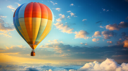 Obraz premium A colorful hot air balloon is floating in the sky above a cloudy backdrop