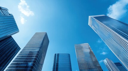 Skyscrapers Reaching Towards Bright Blue Sky in Urban Cityscape with Clear Daylight and Stunning Architecture
