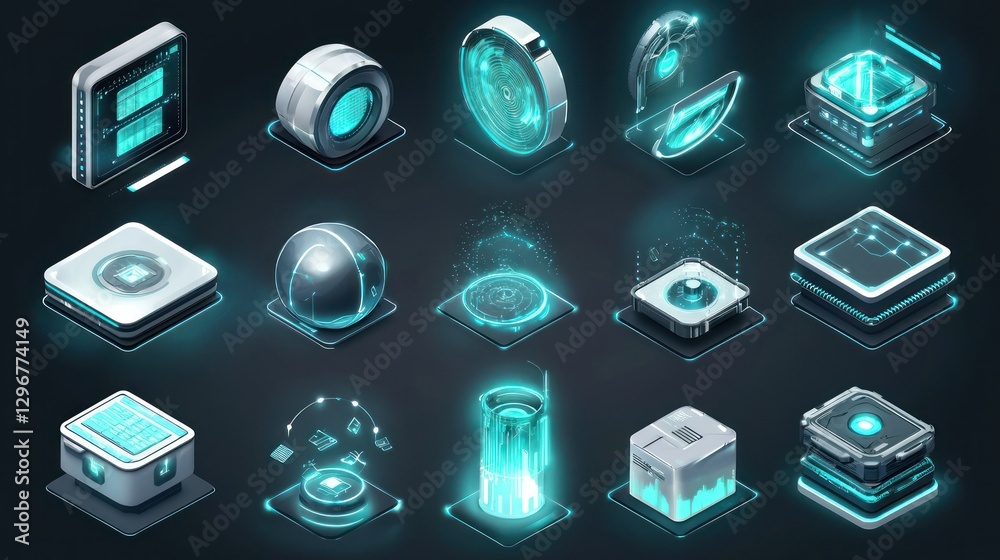 Poster A futuristic set of isometric icons with shadows and depth, emphasizing technology and finance themes