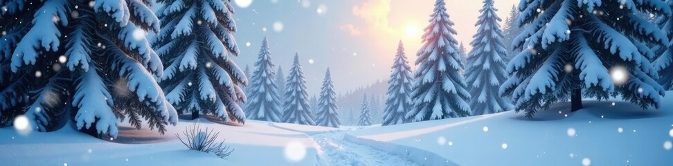 Obraz premium A flurry of snowflakes falling on a snowy forest landscape, cold, scenery, frosty