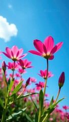 Fototapeta premium Anagiraceae flowers in full bloom against a blue sky, sky, blooming, flowers