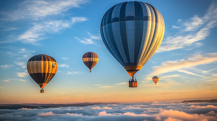 Obraz premium Three hot air balloons are flying in the sky, with one of them being blue