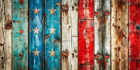 Rustic Americana Double Exposure: Faded Red White Blue Wood Wall Texture