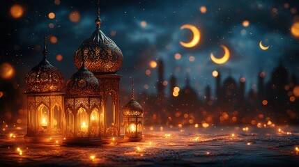 Obraz premium Illuminated lanterns and crescent moons against a night sky backdrop.