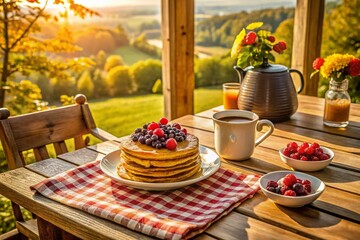 Rustic American Countryside Farmhouse Breakfast: Pancakes, Berries & Coffee