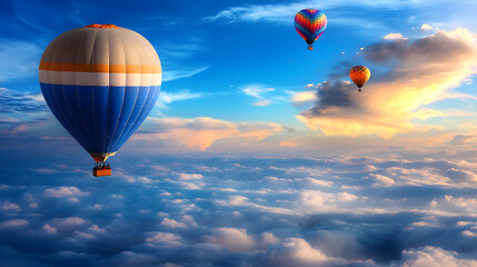 Obraz premium Three hot air balloons are flying in the sky, one of which is blue and white