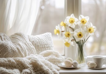 Cozy Indoor Scene with Daffodils and Soft Textiles by a Window in Natural Light