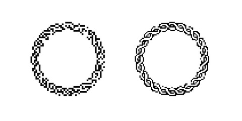 Fototapeta premium Two circular black pixel art wreaths created with simple geometric patterns shown side by side.