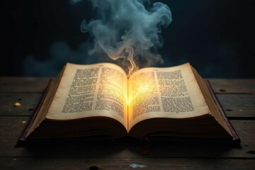 Ancient manuscript pages radiate light amidst darkness, ancient, smoke
