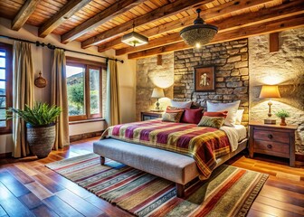 Rustic Bedroom Interior: Low Platform Bed, Natural Textures, Cozy Design