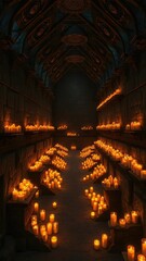 Fototapeta premium Ancient stone walls lined with hundreds of lit candles in a large, dimly lit chamber, mysterious, eerie, mystical