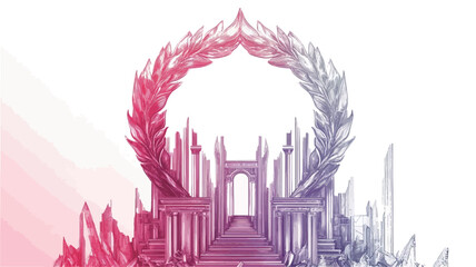 Digital illustration depicting an abstract architectural scene. A stylized wreath of leaves forms a circular frame around a central gateway structure. The gateway features numerous columns and a