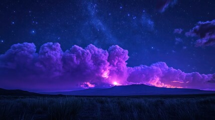 Nighttime landscape, vibrant clouds, mountain, starry sky. Possible use Background for a travel brochure or movie poster