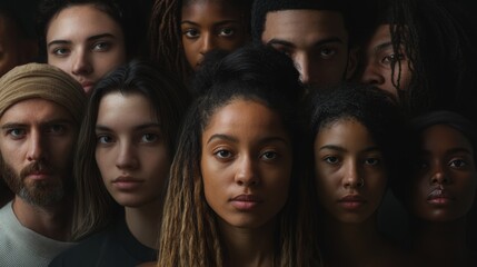 Obraz premium Diverse group of individuals with varying expressions, showcasing unity and cultural richness in a dimly lit setting