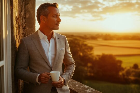 A contemplative businessman enjoys a sunrise coffee overlooking a tranquil countryside landscape.