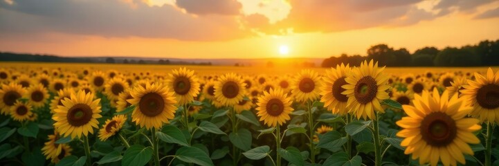 An open field of sunflowers at sunrise with warm light, field, farm