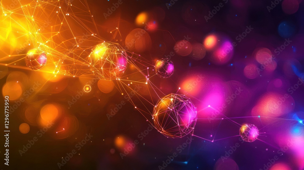 Poster a geometric 3d abstract design with cubes, spheres, and glowing lines.