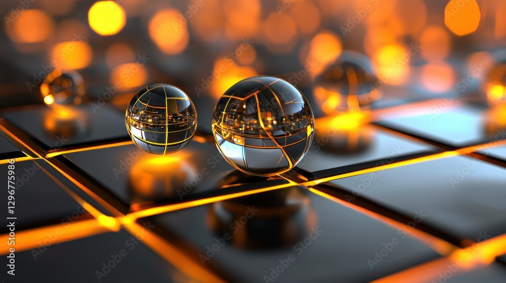 Poster a geometric 3d abstract design with cubes, spheres, and glowing lines.