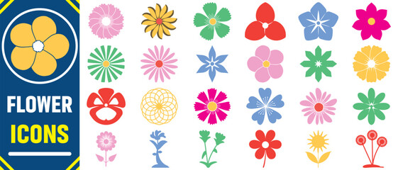Obraz premium Flowers icon set. Set of abstract flowers in brutalist style. Geometric flower set.Abstract minimal daisy elements. Brutalist design. Ideal for decoration, logos, and design projects.colourful flowers