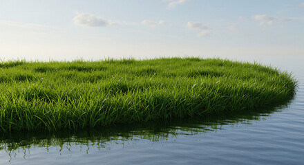 Obraz premium Lush Green Island Floating on Calm Water Under a Bright Sky