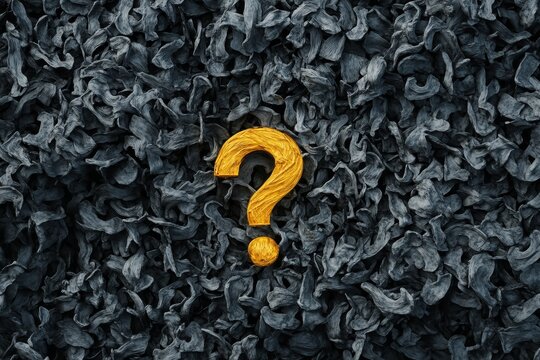 A dense cluster of metallic question marks with a striking golden center symbolizing curiosity - Powered by Adobe